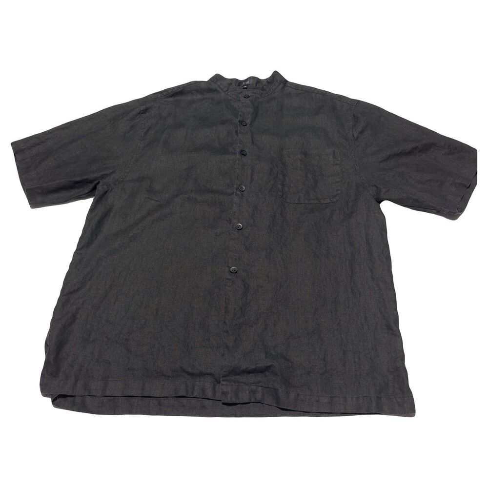 ZINI Mens Size XXL Black 100% Linen Short Sleeve Button Up Shirt Band Collar